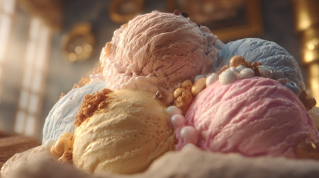 Delicious ice cream sundae with multiple scoops and sweet toppings closeupの素材