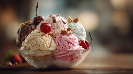 Colorful ice cream sundae with assorted flavors, cherries, and nuts on top.の素材