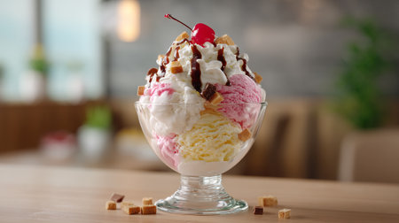Delectable Ice Cream Sundae with Whipped Cream and Cherry Toppingの素材