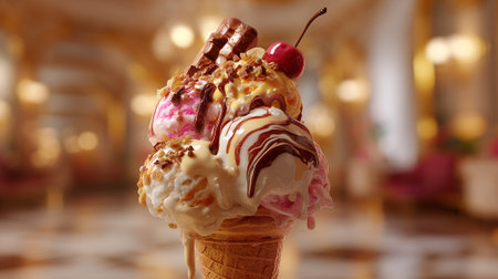 Decadent ice cream cone delight with chocolate, cherry, and assorted toppings.の素材