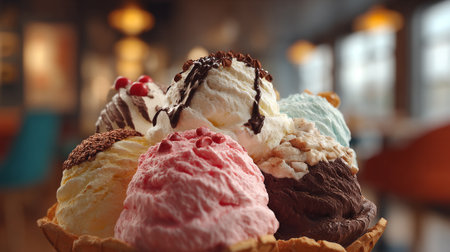 Delectable ice cream sundae drizzled with chocolate syrup and topped with a cherry.の素材