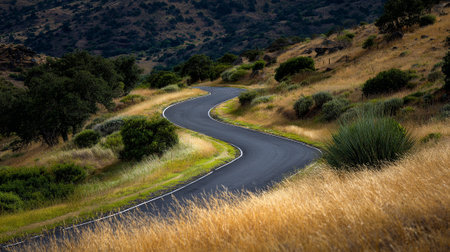 Winding Asphalt Road Through Golden Grassy Hillsides in a Serene Landscapeの素材