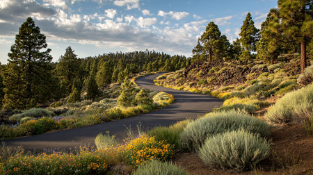 Scenic Road Through Forest with Wildflowers and Beautiful Sky Aboveの素材