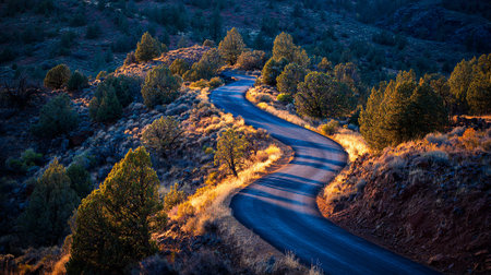 Winding Road Through a Hilly Landscape at Sunset with Golden Lightの素材
