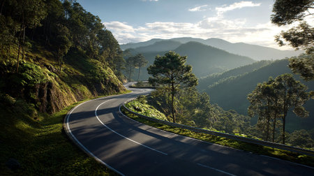 Serpentine Asphalt: A Scenic Road Winds Through Lush Mountain Landscapeの素材