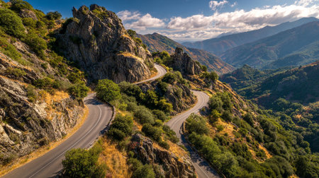 Scenic Mountain Road Winding Through Lush Hills and Rugged Terrainの素材