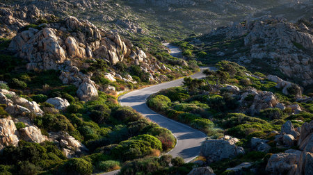 Winding Road Through Rocky Mountains With Greenery and Sunny Skies Aboveの素材
