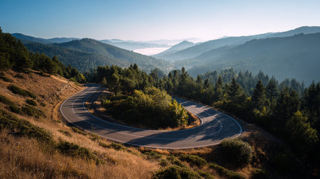 Scenic Mountain Road With a Dramatic Curve in the Early Morningの素材