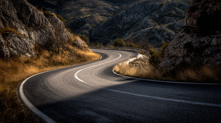 Serpentine asphalt road winding through rocky hills in a rural landscapeの素材