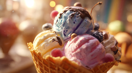 Delicious Ice Cream Cone Stacked with Colorful Scoops and Toppingsの素材