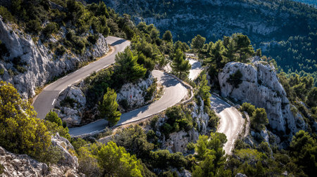 Scenic Mountain Road Weaving Through Lush Forest and Rocky Cliffsの素材