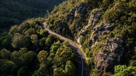 Winding Mountain Road: A Scenic Aerial View Through Lush Green Forestの素材