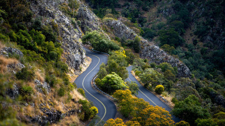 Curving mountain road winds through a vibrant, natural landscape environment.の素材