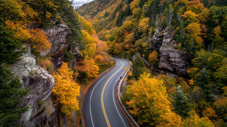 Autumnal Roadway Splendor: A Winding Path Through Breathtaking Foliageの素材
