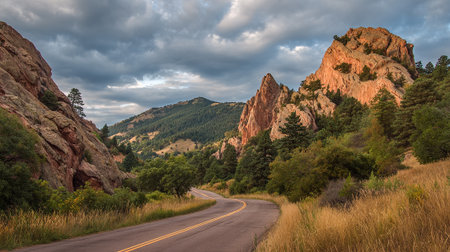 Scenic Roadway Through Rocky Mountain National Park Landscape and Overcast Skyの素材