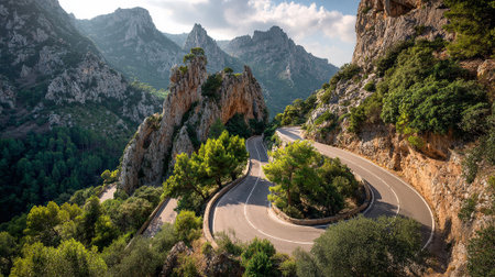 Serpentine Mountain Road Cuts Through Rugged Cliffs and Lush Forestの素材