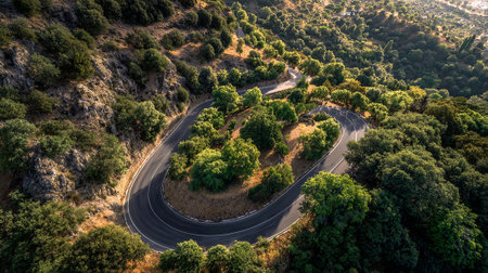 Winding Road Through Lush Green Hills Captured from an Aerial Perspectiveの素材