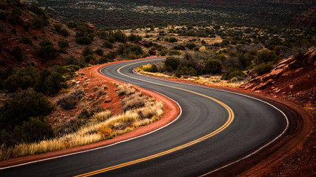 A winding road through the arid desert landscape calls for adventure.の素材