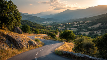Serpentine asphalt road winding through verdant hills in Corsica at sunset.の素材