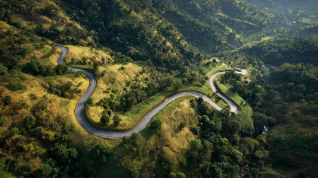 Winding Mountain Road Through Lush Greenery Under Sunlight: A Serpentine Journeyの素材