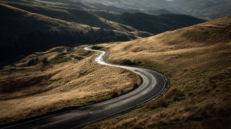 Dramatic winding road meanders through grassy hillsides in a rural setting.の素材