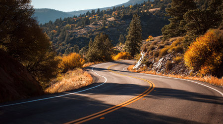 Asphalt Serpentine Through Golden Hills: A Scenic Highway During Autumnの素材