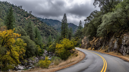 Scenic Mountain Road Through Lush Forest with Overcast Sky Aboveの素材