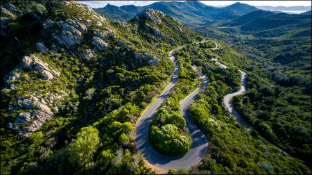 Serpentine Road Winding Through Lush Green Mountains Landscape From Aboveの素材