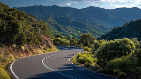 Winding asphalt road curves through a vibrant landscape with distant mountainsの素材
