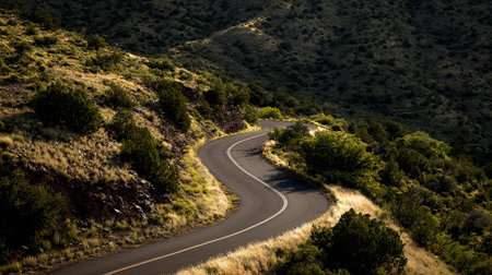 Winding asphalt road cutting through rugged desert mountain landscape scenery.の素材