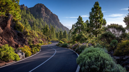 Serpentine Road Through Mountainous Landscape, Lush Forest And Clear Blue Skyの素材