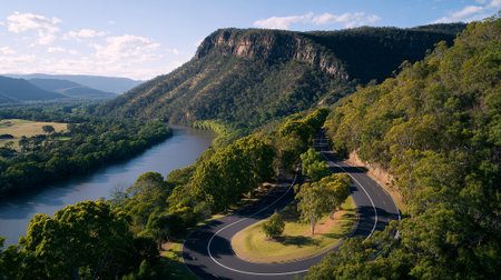 Stunning Aerial View of a Scenic Mountain Road with Riverの素材