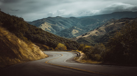 Serpentine Road Meandering Through the Verdant Mountains Under a Cloudy Skyの素材