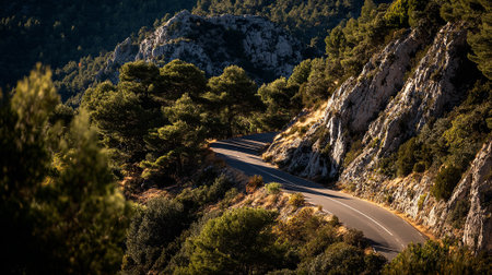 Serpentine Road Ascends Through Lush Green Mountainside Landscapeの素材
