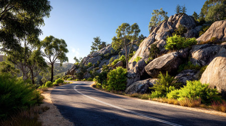 Scenic Route Through the Mountains: Serene Landscape with Winding Roadの素材