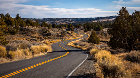 Serpentine Road Journey: A Scenic Drive through a Mountainous Landscape.の素材