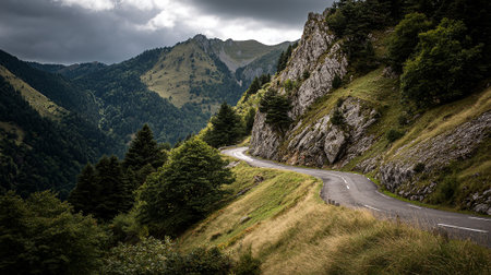 Scenic Mountain Road Winding Through Lush Landscape Under Dramatic Skyの素材