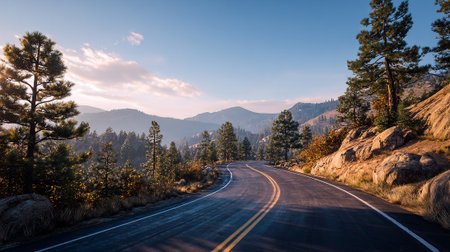 Scenic Mountain Highway Winding Through a Forest at Dusk Under a Blue Skyの素材