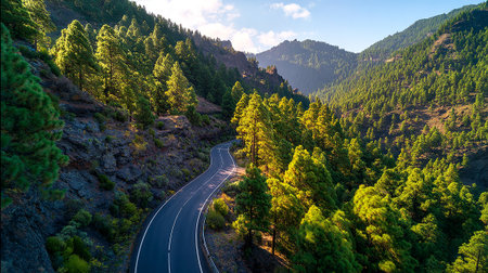 Serpentine Asphalt: A Road Through Emerald Forests and Rugged Mountainsの素材