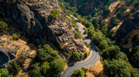 Scenic Highway Winding Through Lush Forest Next to Rugged Rock Formationsの素材