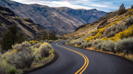 Winding Asphalt Road Through Arid Hills Landscape Under a Dramatic Skyの素材