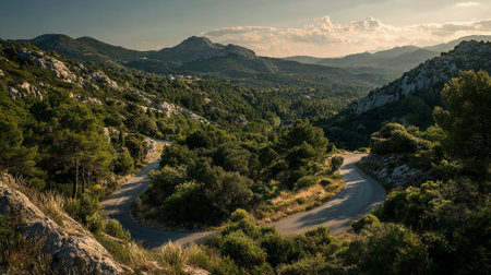Serpentine Mountain Road Weaving Through Lush Green Landscape in the Eveningの素材