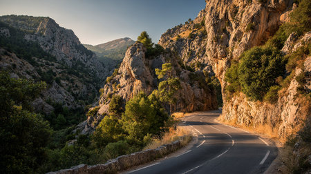 Serpentine Mountain Road Cuts Through Rocky Cliffs In Scenic Countrysideの素材