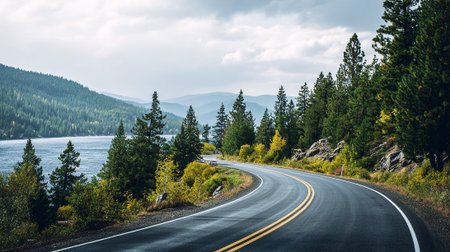 Serpentine Highway Through Lush Green Forest with Lake and Distant Mountainsの素材