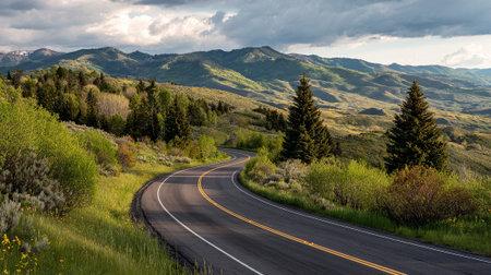 Scenic Mountain Road: A winding path through a lush, green landscapeの素材