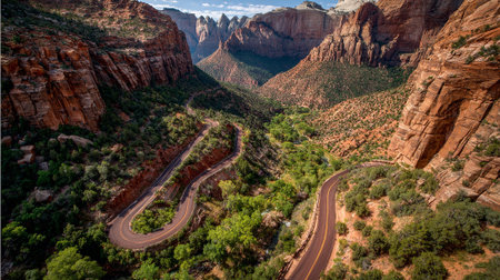 Winding Road Through Majestic Canyon Landscape in Zion National Park Beautyの素材