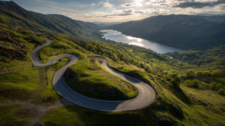 Dramatic winding road through the verdant hills, leading to a tranquil lake.の素材