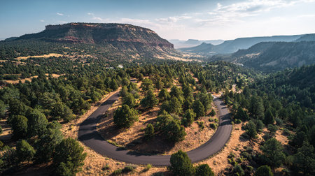 Scenic winding road through forested landscape with mountains in the distanceの素材