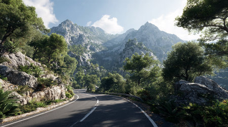 Scenic Mountain Road View With Lush Green Vegetation And Distant Peaksの素材