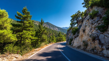 Winding asphalt road through scenic mountain landscape with lush vegetation and clear blue skyの素材